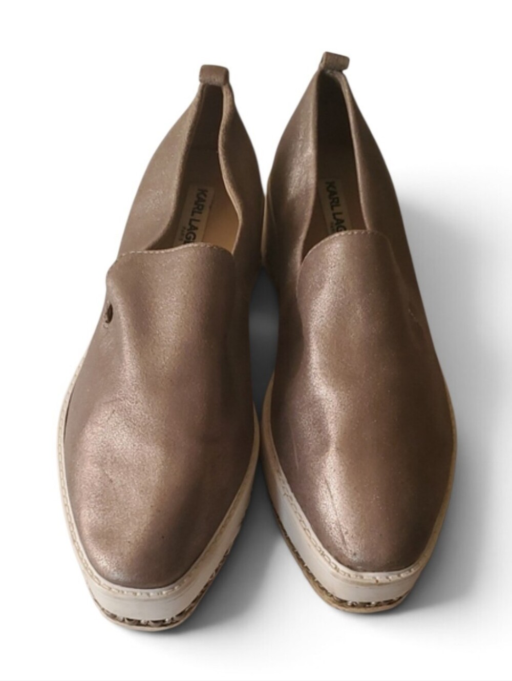 Karl Lagerfeld Metallic Bronze Slip-On Platform Loafers with White Midsole 6.5